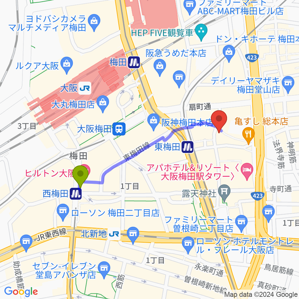 西梅田駅から梅田amhallへのルートマップ Mdata