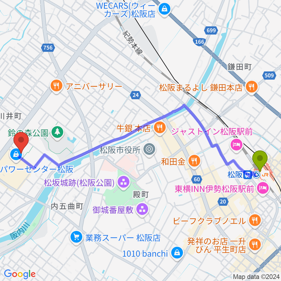 農業屋コミュニティ文化センターの最寄駅松阪駅からの徒歩ルート（約27分）地図