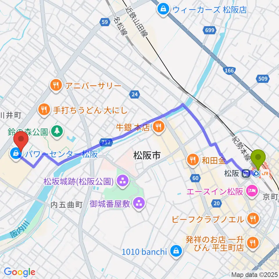 農業屋コミュニティ文化センターの最寄駅松阪駅からの徒歩ルート（約27分）地図