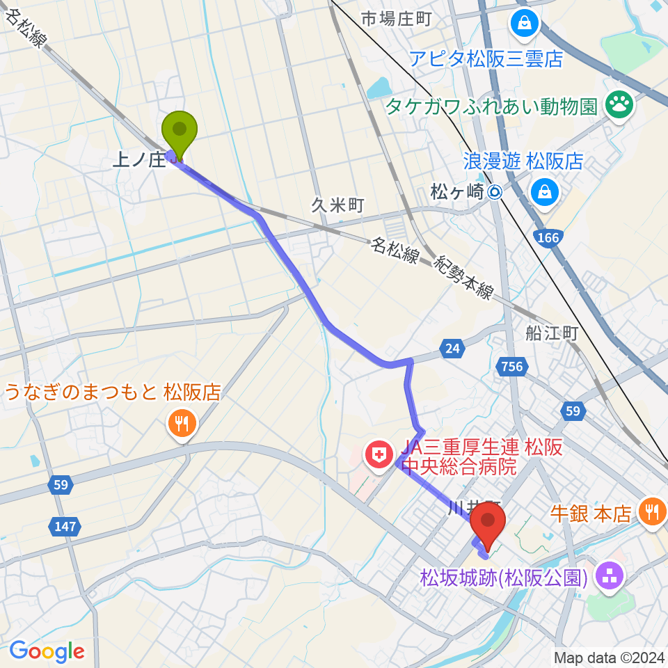 上ノ庄駅から農業屋コミュニティ文化センターへのルートマップ地図