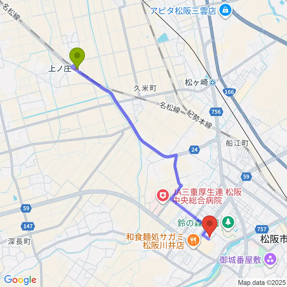 上ノ庄駅から農業屋コミュニティ文化センターへのルートマップ地図