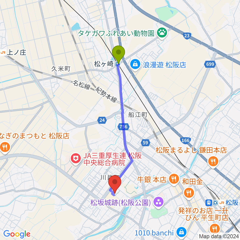 松ヶ崎駅から農業屋コミュニティ文化センターへのルートマップ地図