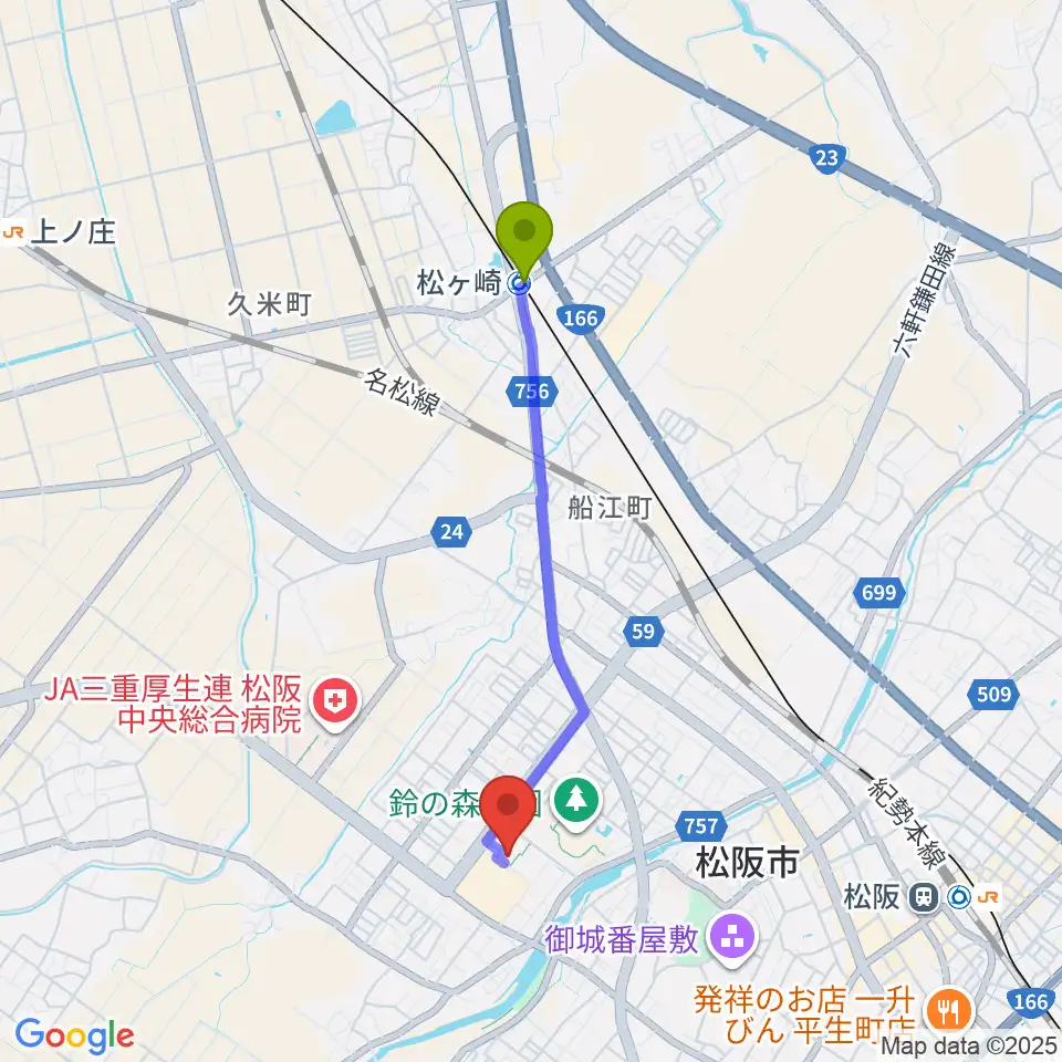 松ヶ崎駅から農業屋コミュニティ文化センターへのルートマップ地図