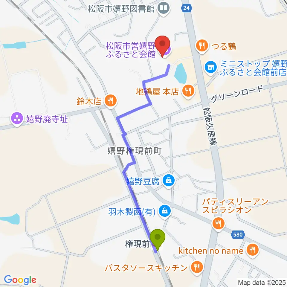 嬉野ふるさと会館の最寄駅権現前駅からの徒歩ルート（約11分）地図