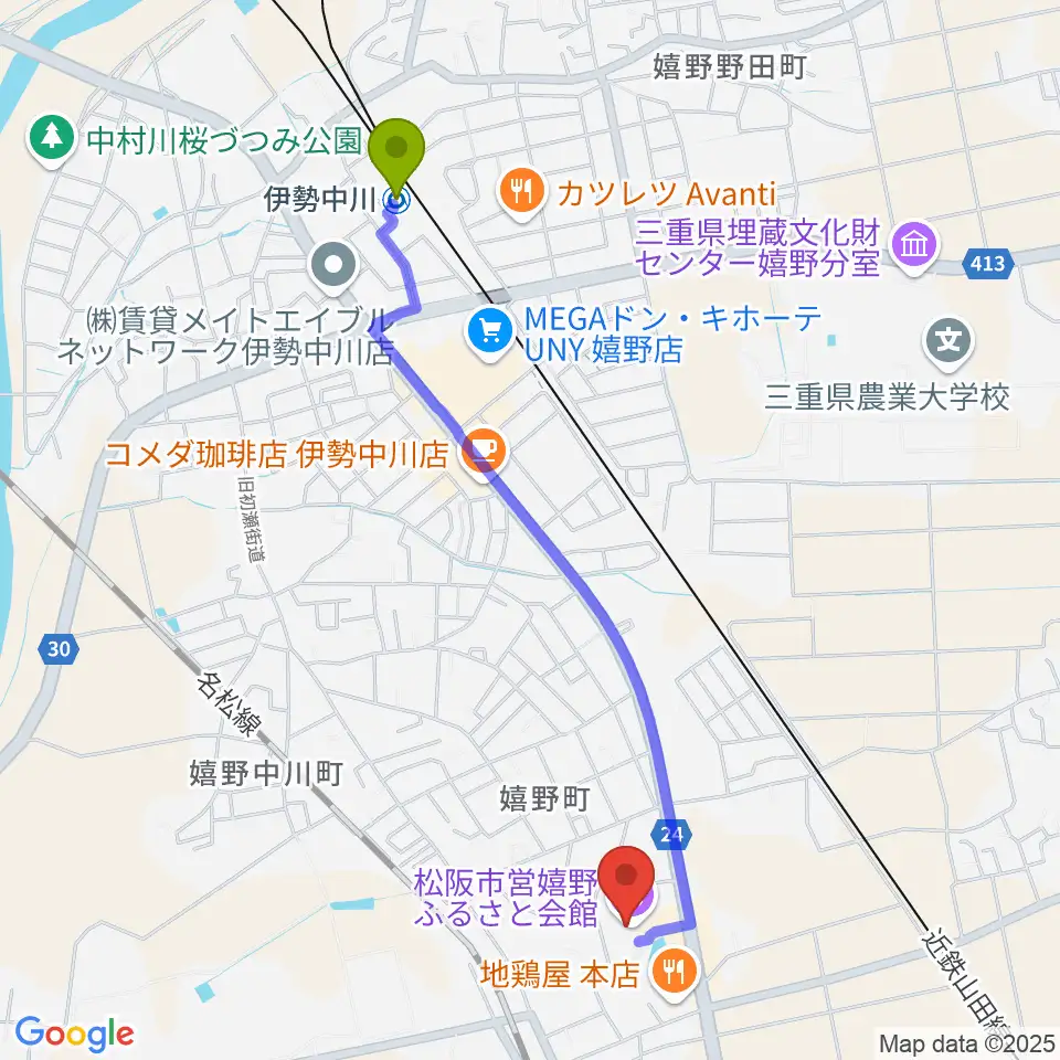 伊勢中川駅から嬉野ふるさと会館へのルートマップ地図