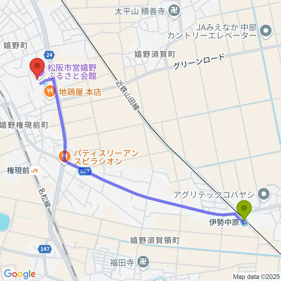 伊勢中原駅から嬉野ふるさと会館へのルートマップ地図