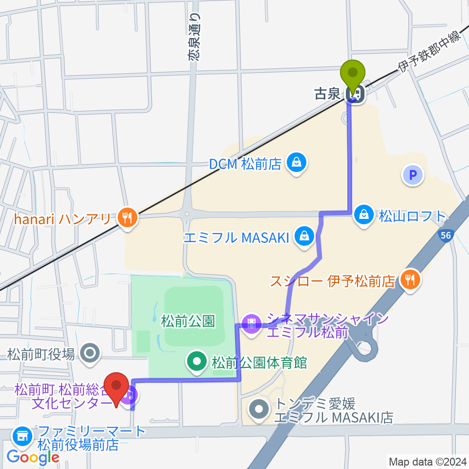 古泉駅から松前総合文化センターへのルートマップ地図