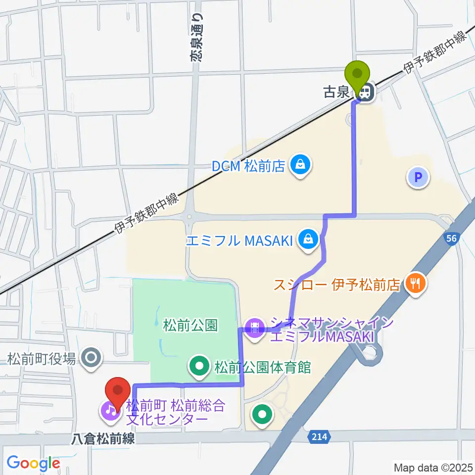 古泉駅から松前総合文化センターへのルートマップ地図