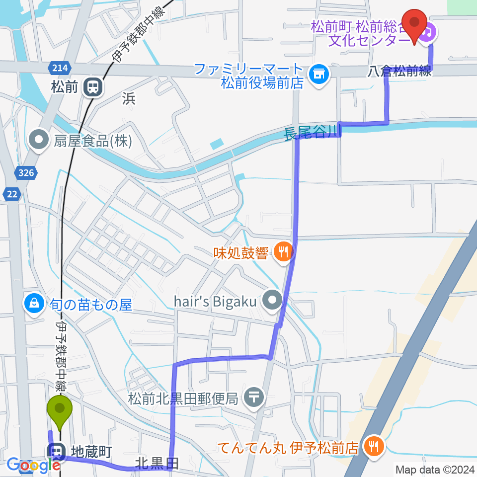 地蔵町駅から松前総合文化センターへのルートマップ地図