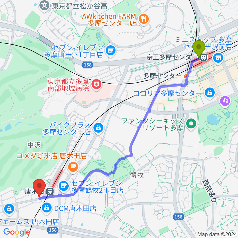 京王多摩センター駅から唐木田 声楽・ヴォイストレーニング教室へのルートマップ地図