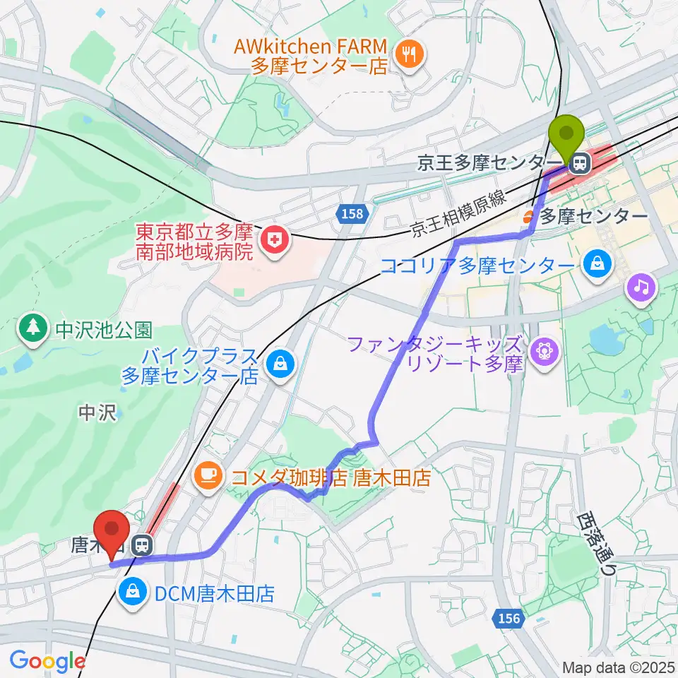 京王多摩センター駅から唐木田 声楽・ヴォイストレーニング教室へのルートマップ地図