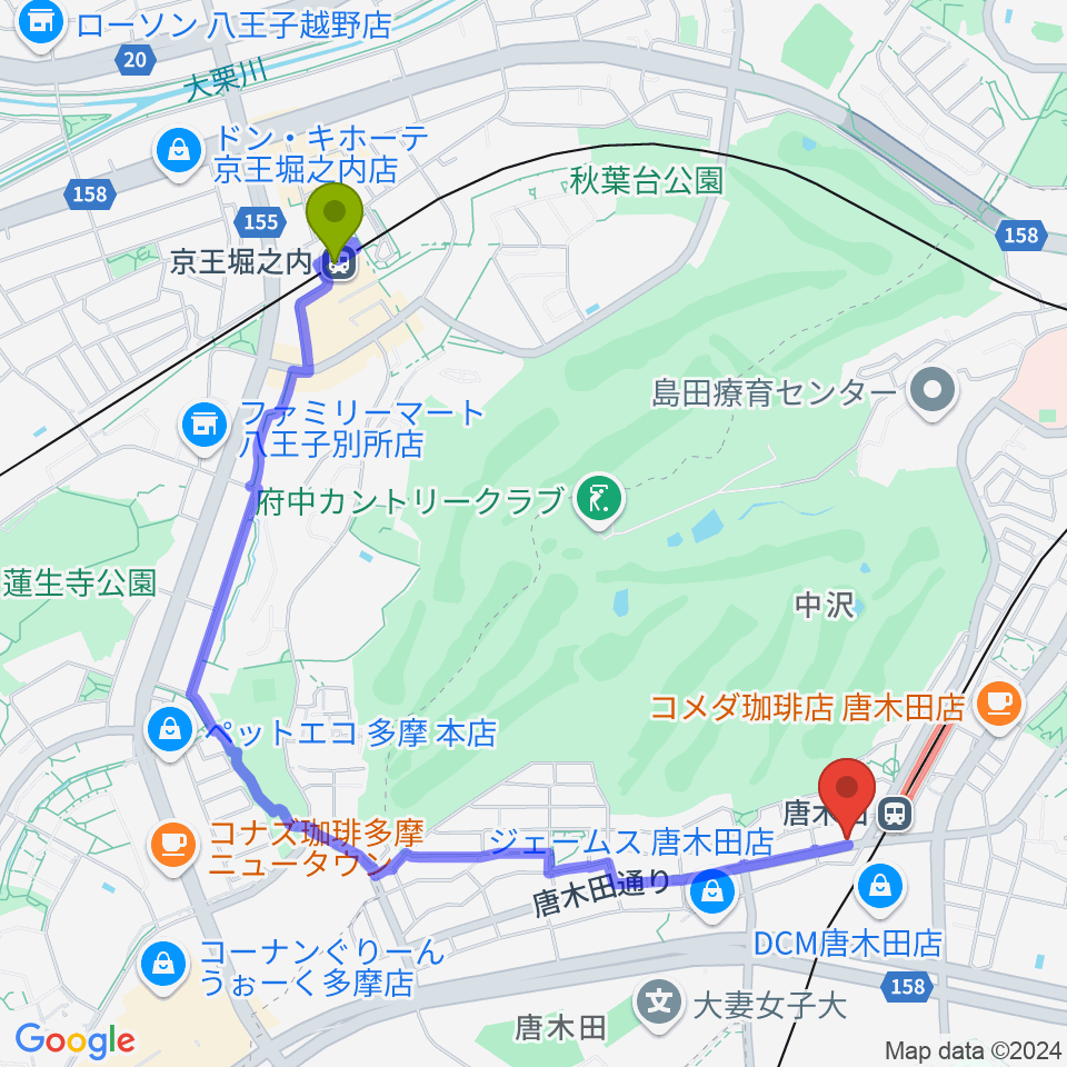 京王堀之内駅から唐木田 声楽・ヴォイストレーニング教室へのルートマップ地図