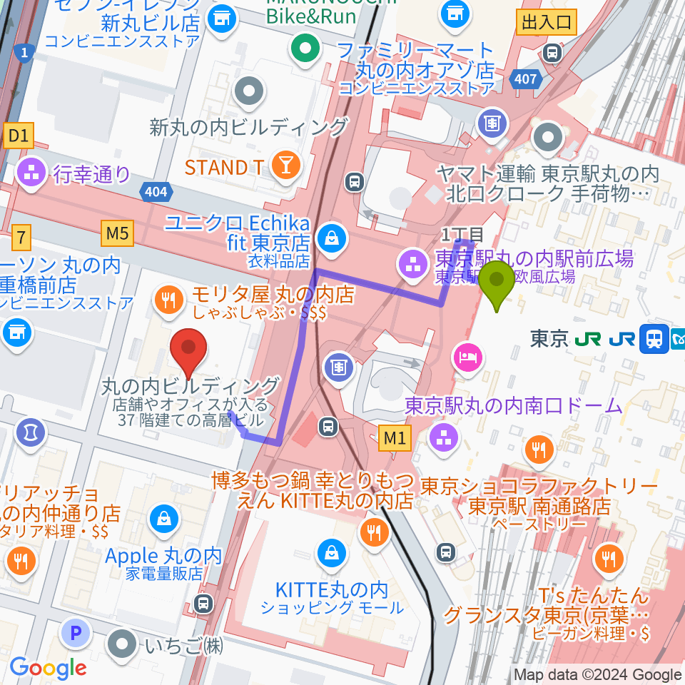 東京駅から丸ビルホールへのルートマップ地図