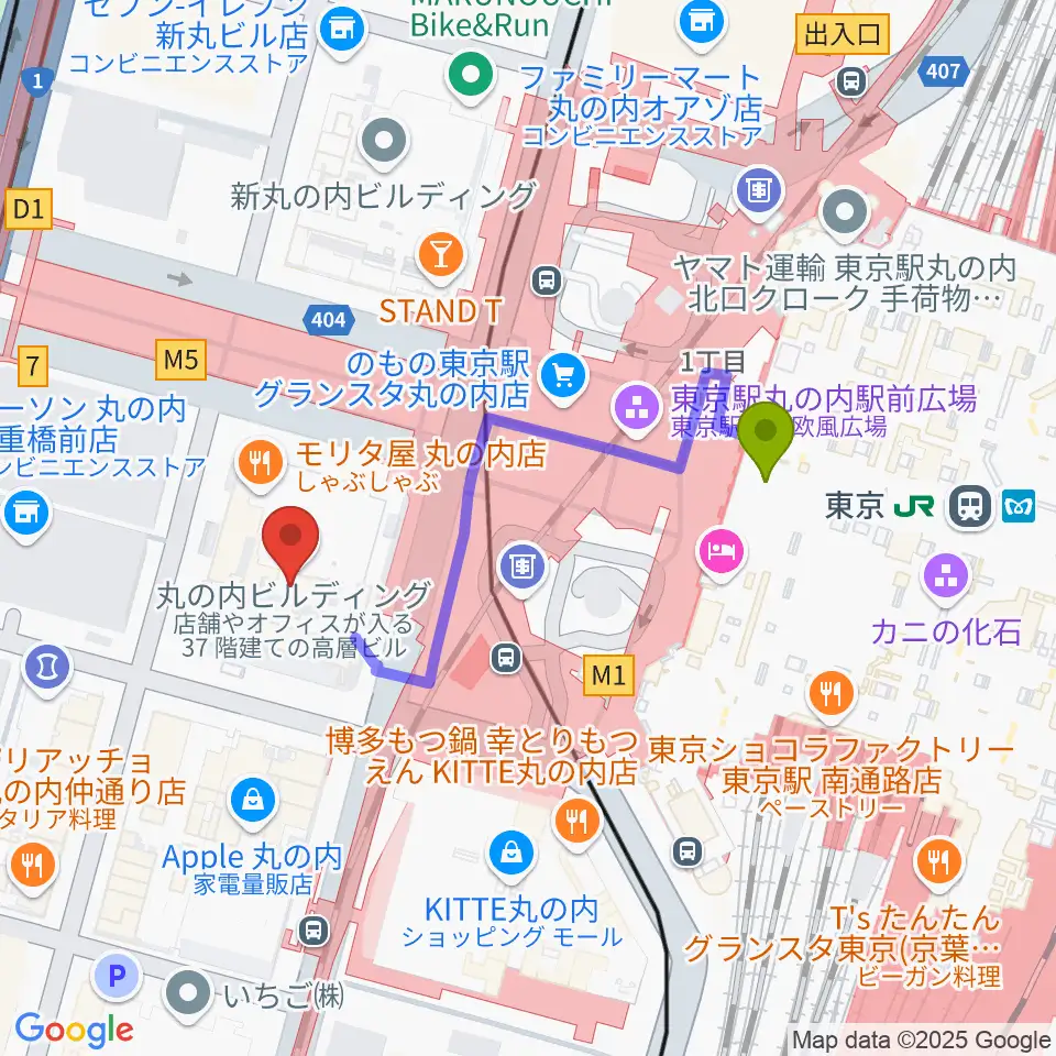 東京駅から丸ビルホールへのルートマップ地図