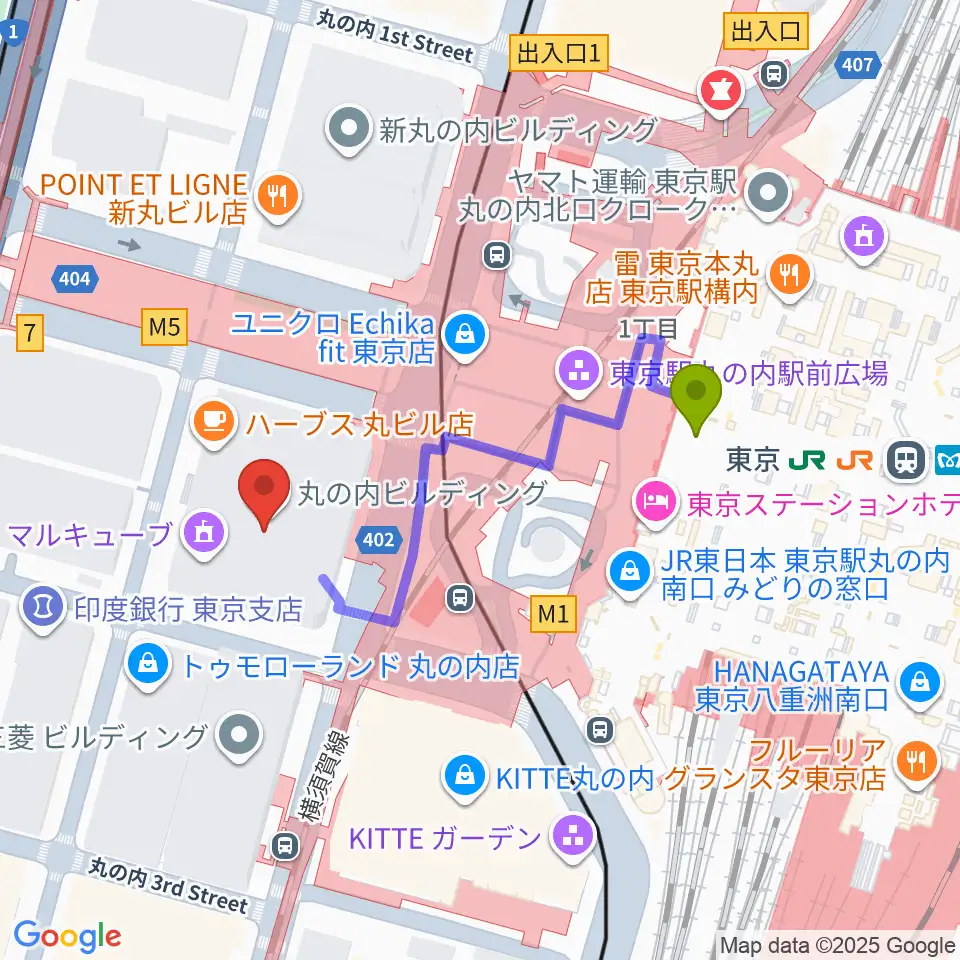 東京駅から丸ビルホールへのルートマップ地図