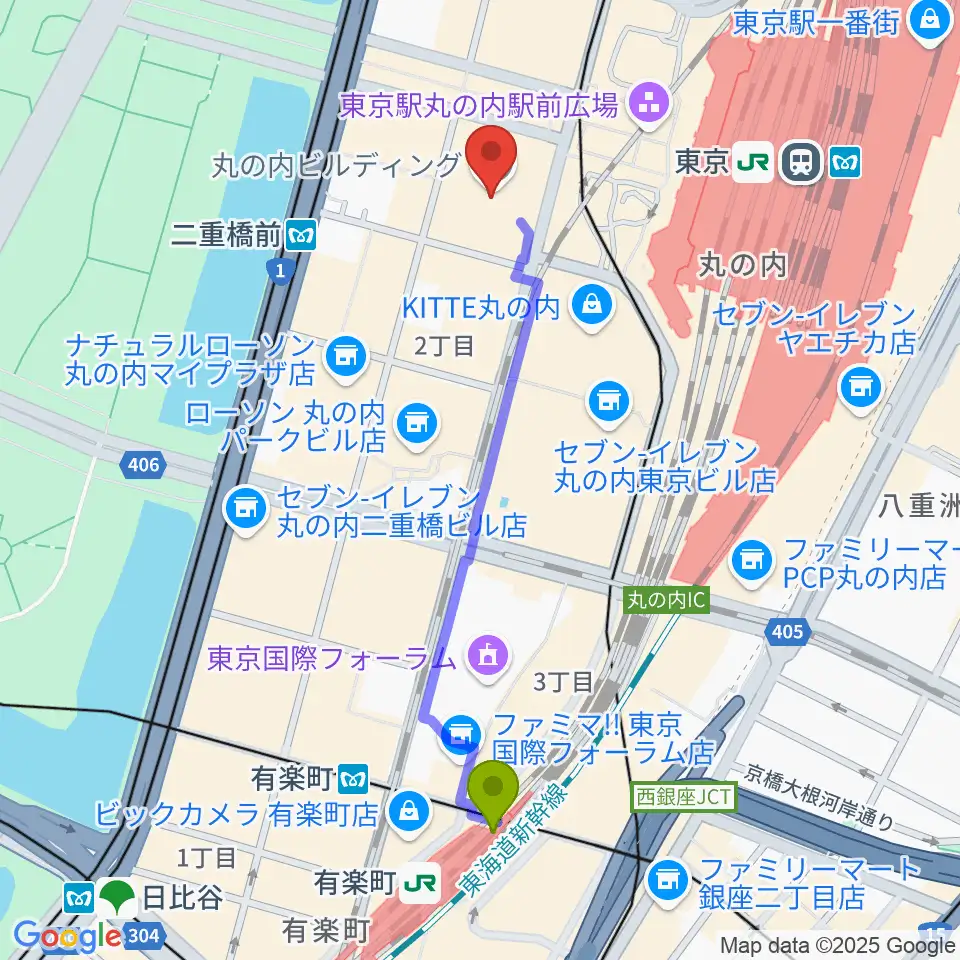 有楽町駅から丸ビルホールへのルートマップ地図