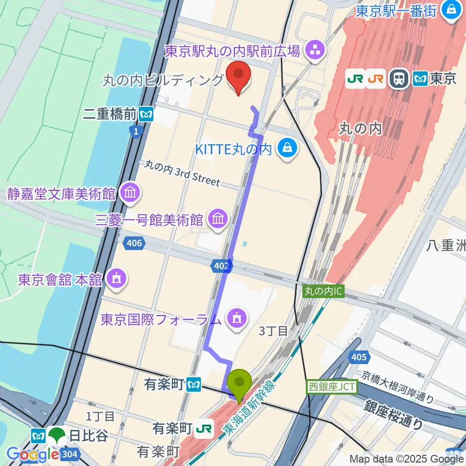 有楽町駅から丸ビルホールへのルートマップ地図