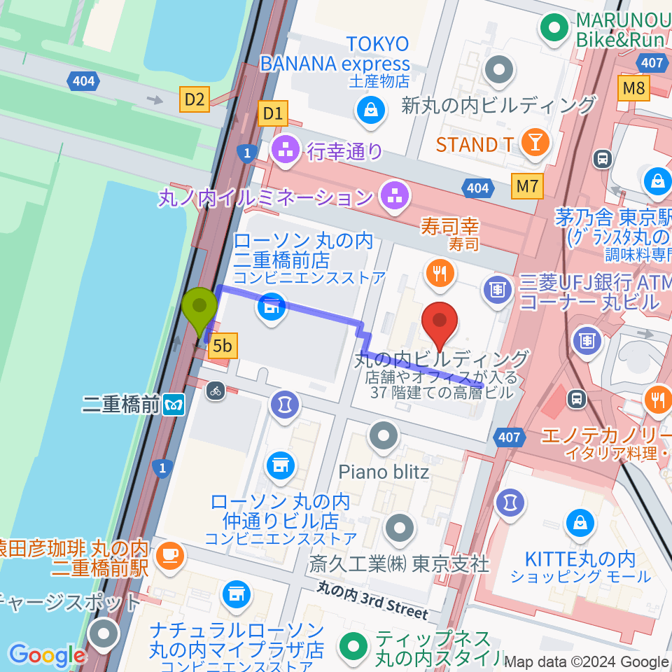 丸ビルホールの最寄駅二重橋前駅からの徒歩ルート（約3分）地図