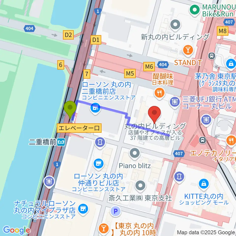 丸ビルホールの最寄駅二重橋前駅からの徒歩ルート（約3分）地図