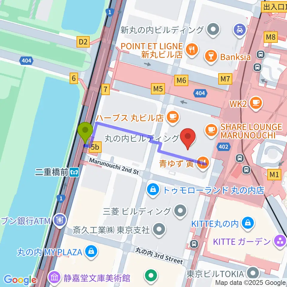 丸ビルホールの最寄駅二重橋前駅からの徒歩ルート（約3分）地図
