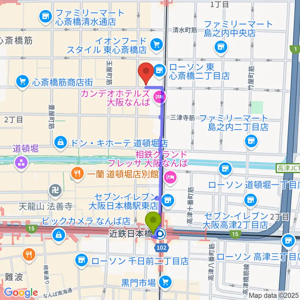 近鉄日本橋駅から心斎橋somaへのルートマップ地図