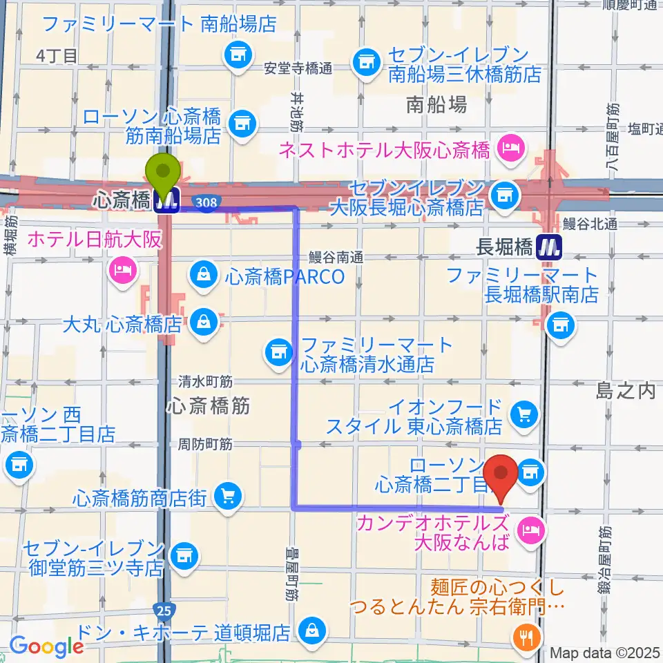 心斎橋駅から心斎橋somaへのルートマップ地図