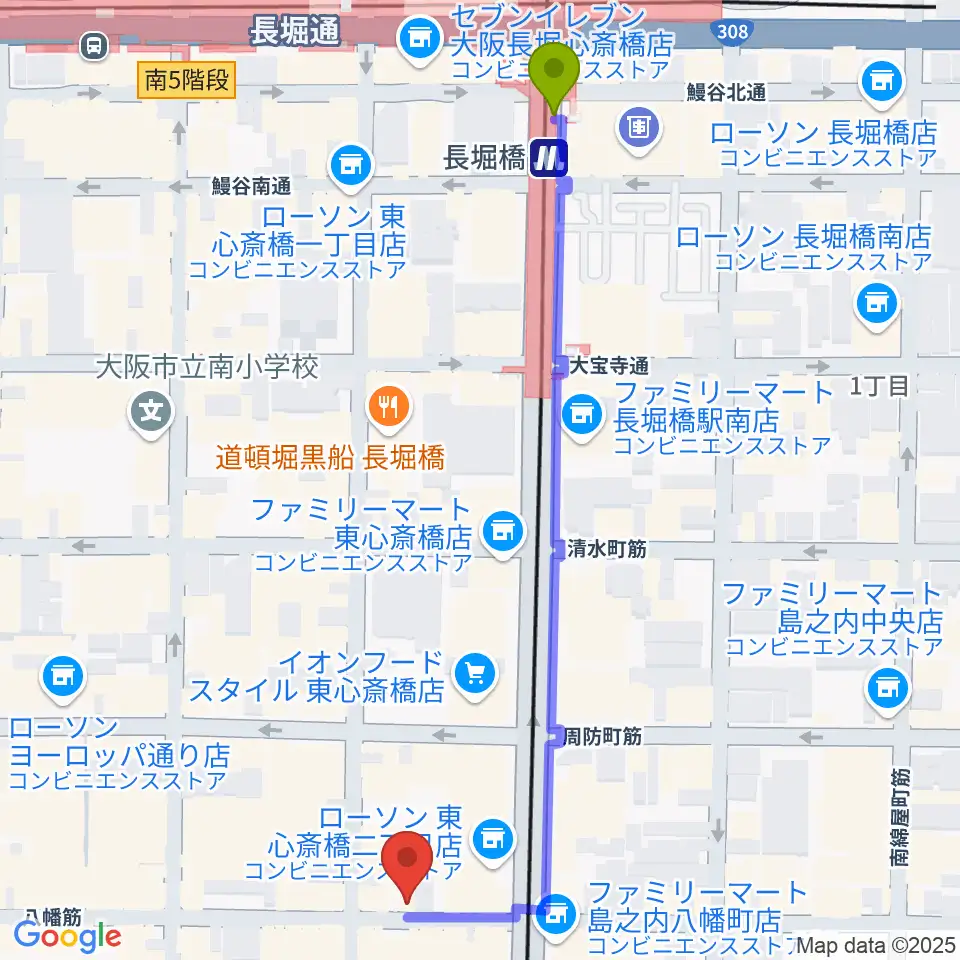 心斎橋somaの最寄駅長堀橋駅からの徒歩ルート（約7分）地図