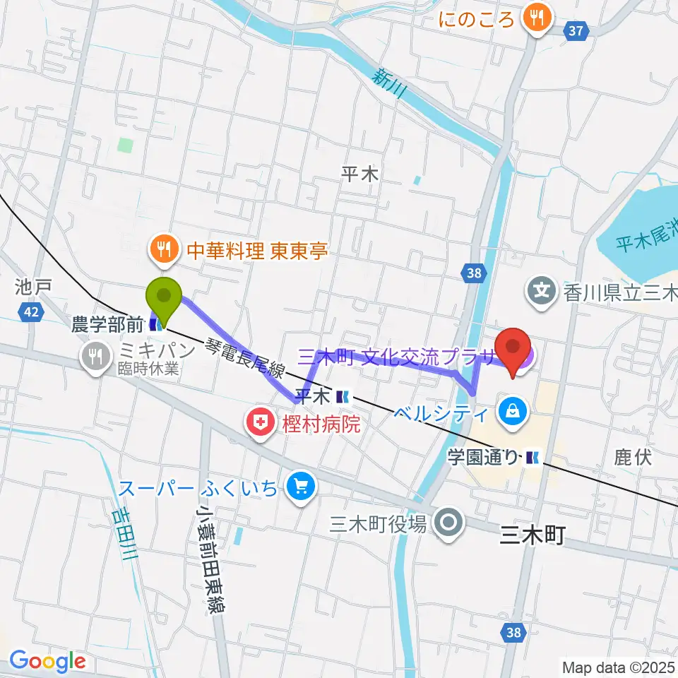 農学部前駅から三木町文化交流プラザへのルートマップ地図