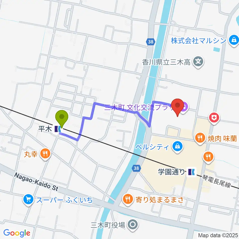 平木駅から三木町文化交流プラザへのルートマップ地図