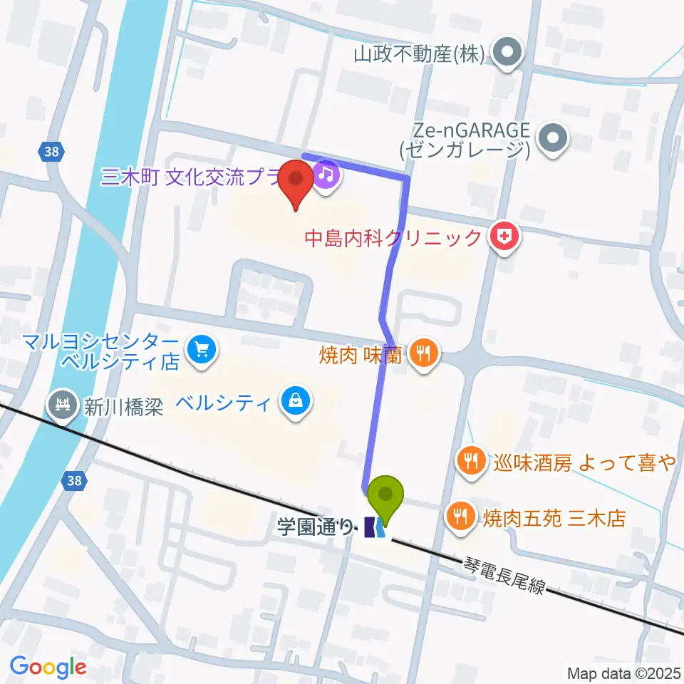 三木町文化交流プラザの最寄駅学園通り駅からの徒歩ルート（約4分）地図