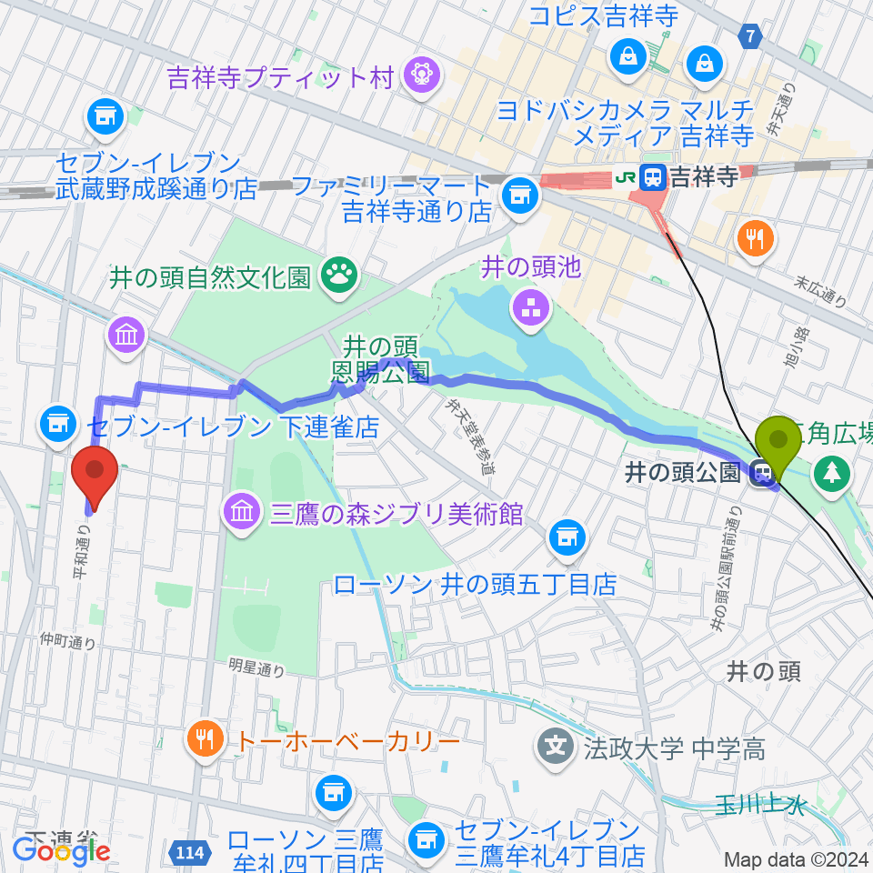 井の頭公園駅からみたか井心亭へのルートマップ地図