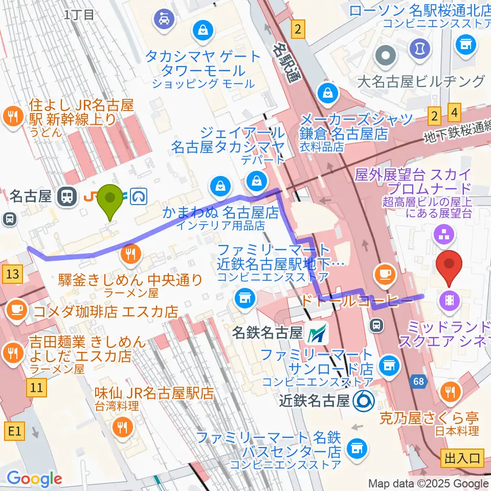 ミッドランドホールの最寄駅名古屋駅からの徒歩ルート（約6分）地図