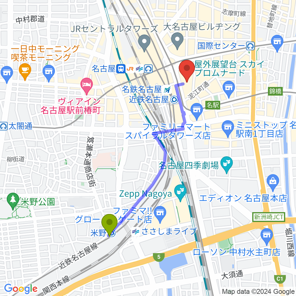 米野駅からミッドランドホールへのルートマップ地図