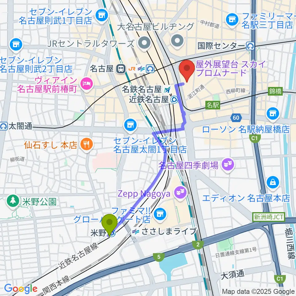 米野駅からミッドランドホールへのルートマップ地図