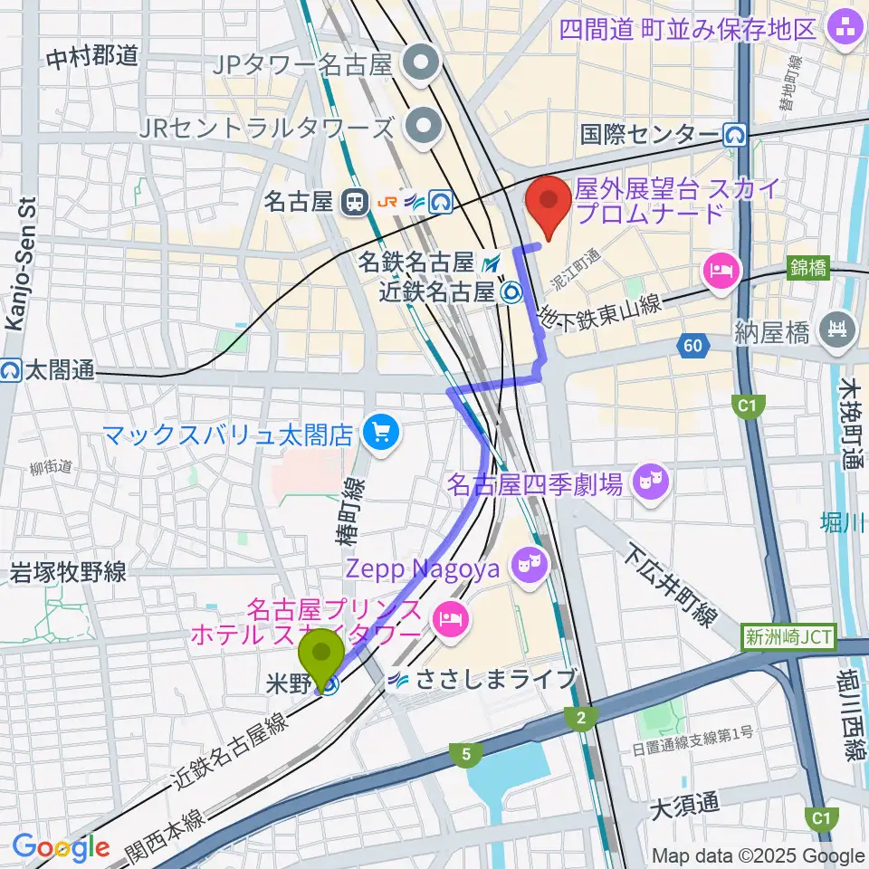 米野駅からミッドランドホールへのルートマップ地図