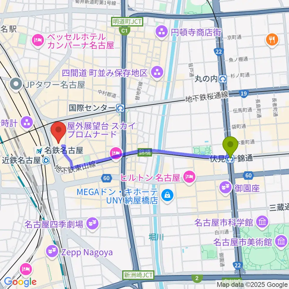 伏見駅からミッドランドホールへのルートマップ地図