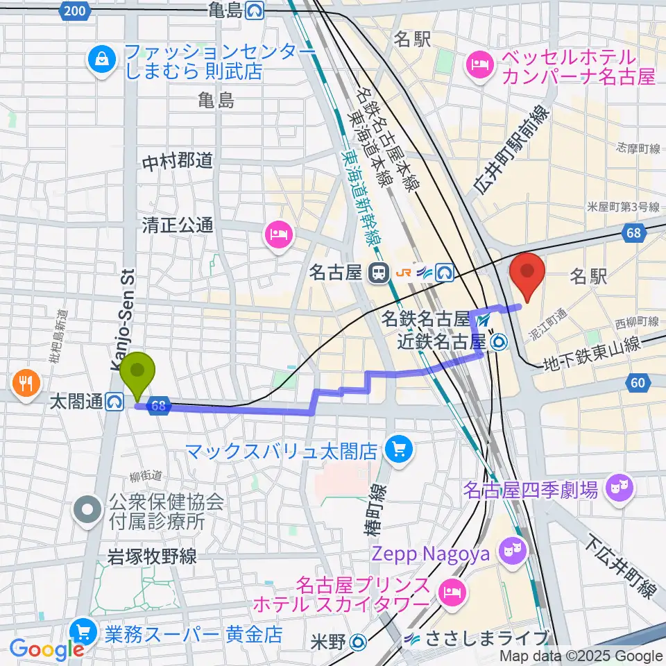 中村区役所駅からミッドランドホールへのルートマップ地図