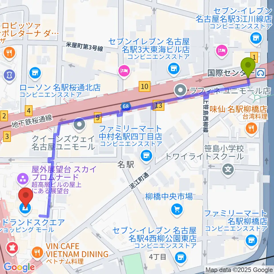 国際センター駅からミッドランドホールへのルートマップ地図