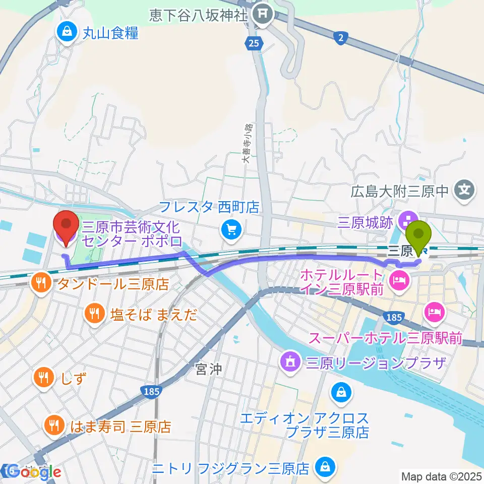 三原市芸術文化センター ポポロの最寄駅三原駅からの徒歩ルート（約23分）地図