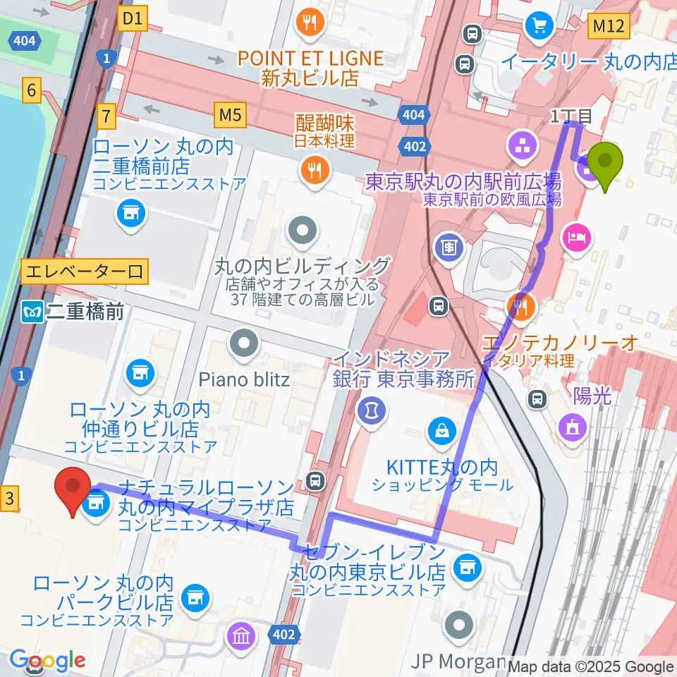 東京駅から丸の内MY PLAZAホールへのルートマップ地図