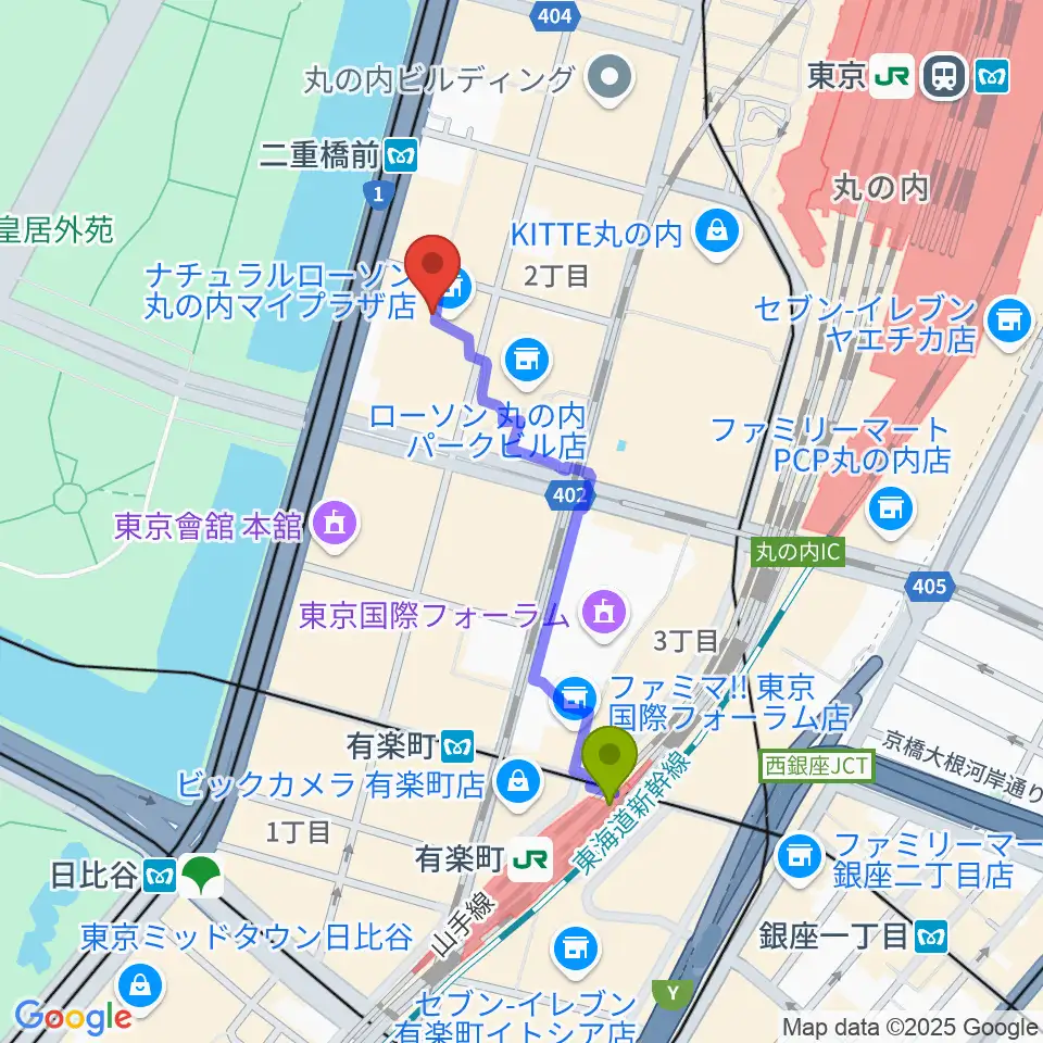 有楽町駅から丸の内MY PLAZAホールへのルートマップ地図