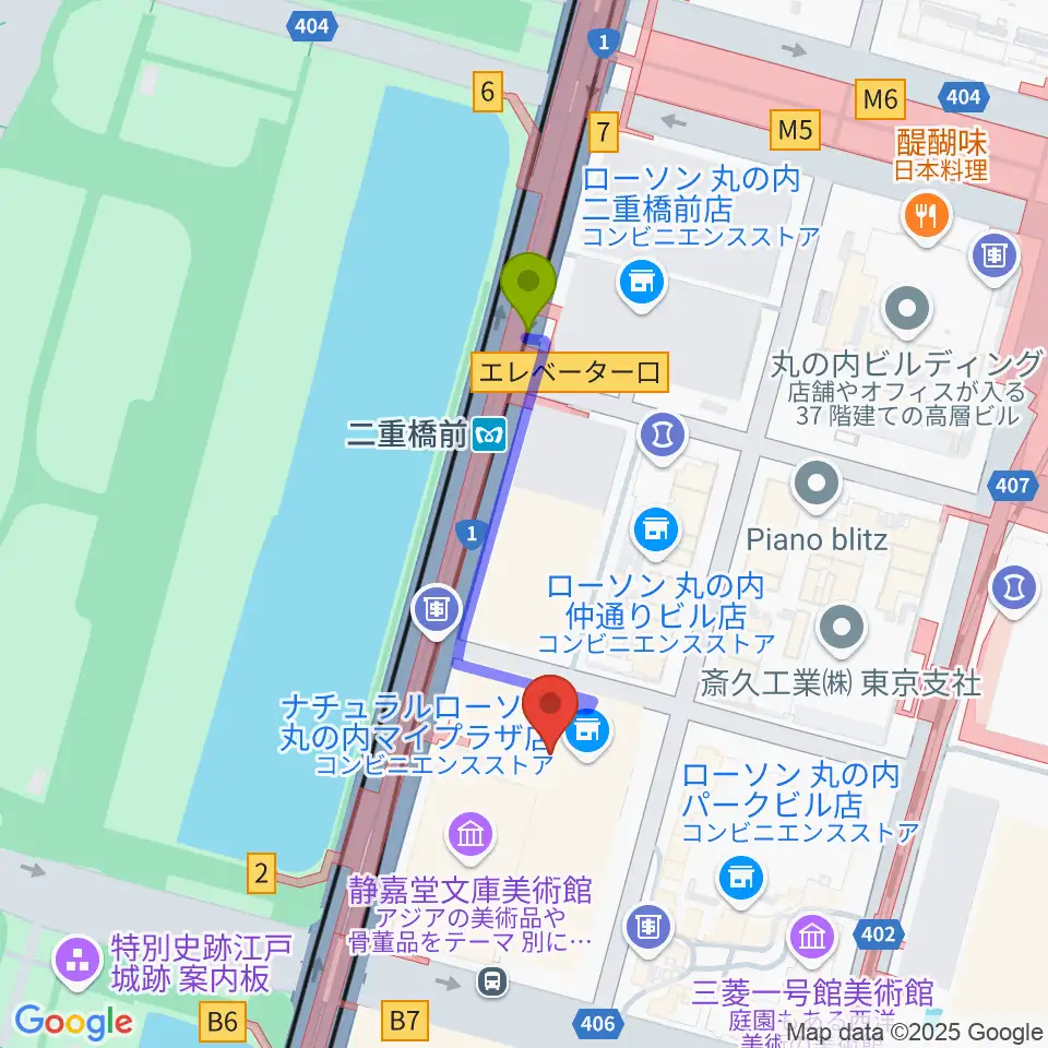 丸の内MY PLAZAホールの最寄駅二重橋前駅からの徒歩ルート（約3分）地図