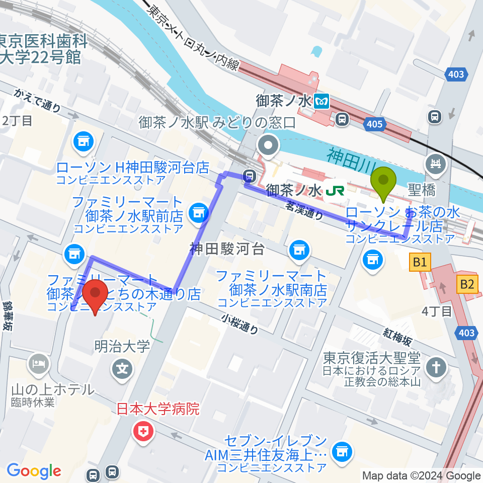 明治大学アカデミーホールの最寄駅御茶ノ水駅からの徒歩ルート（約5分）地図