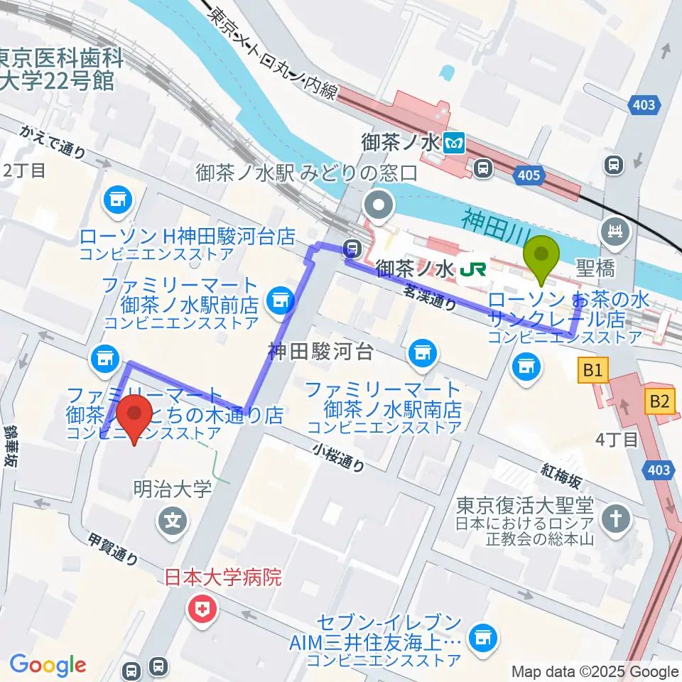 明治大学アカデミーホールの最寄駅御茶ノ水駅からの徒歩ルート（約5分）地図