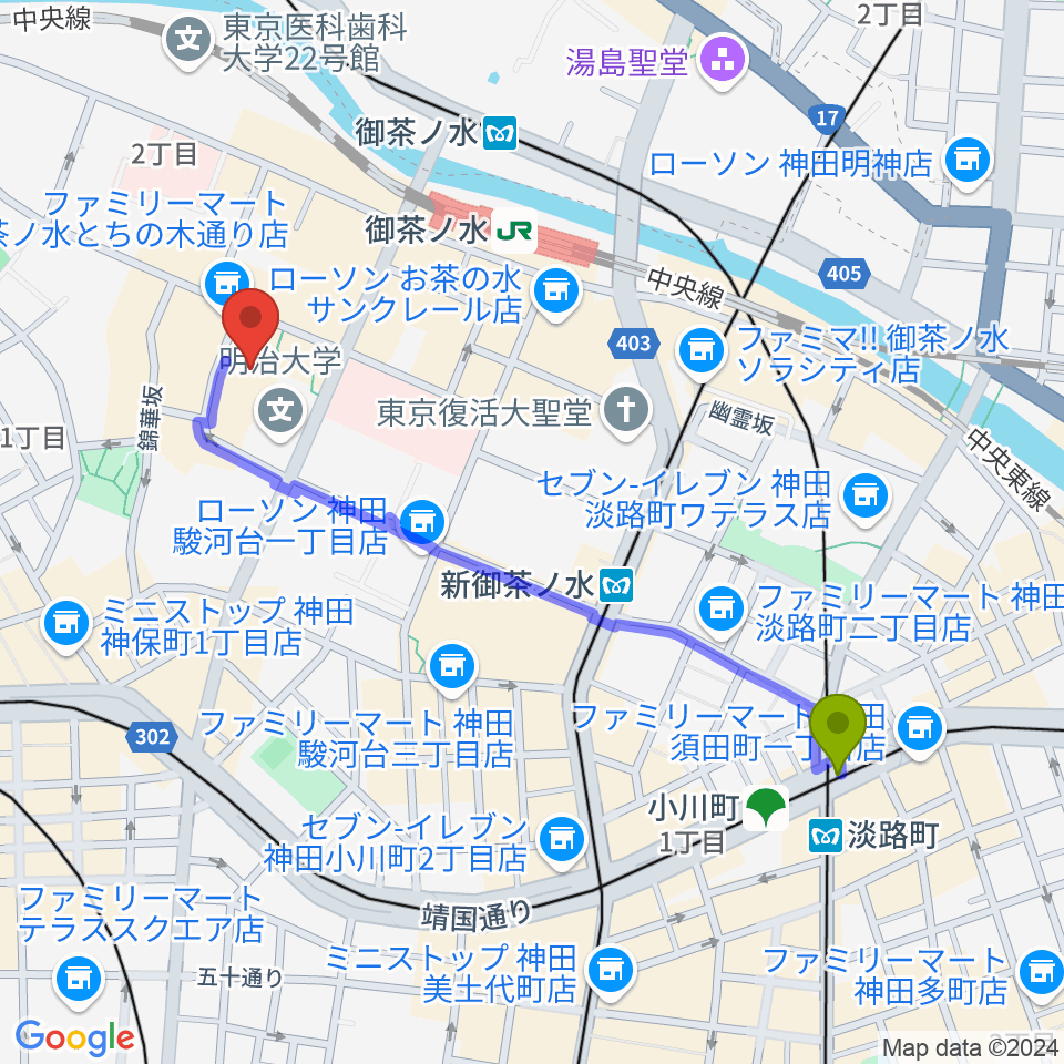 淡路町駅から明治大学アカデミーホールへのルートマップ地図