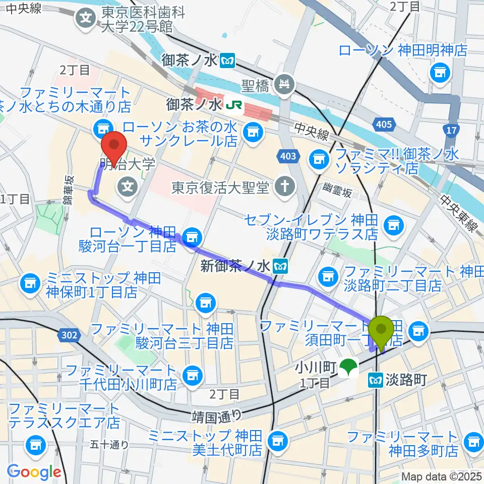 淡路町駅から明治大学アカデミーホールへのルートマップ地図
