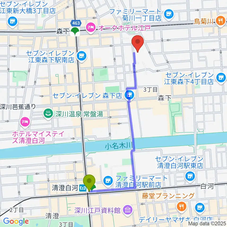 清澄白河駅からセゾン文化財団 森下スタジオへのルートマップ地図