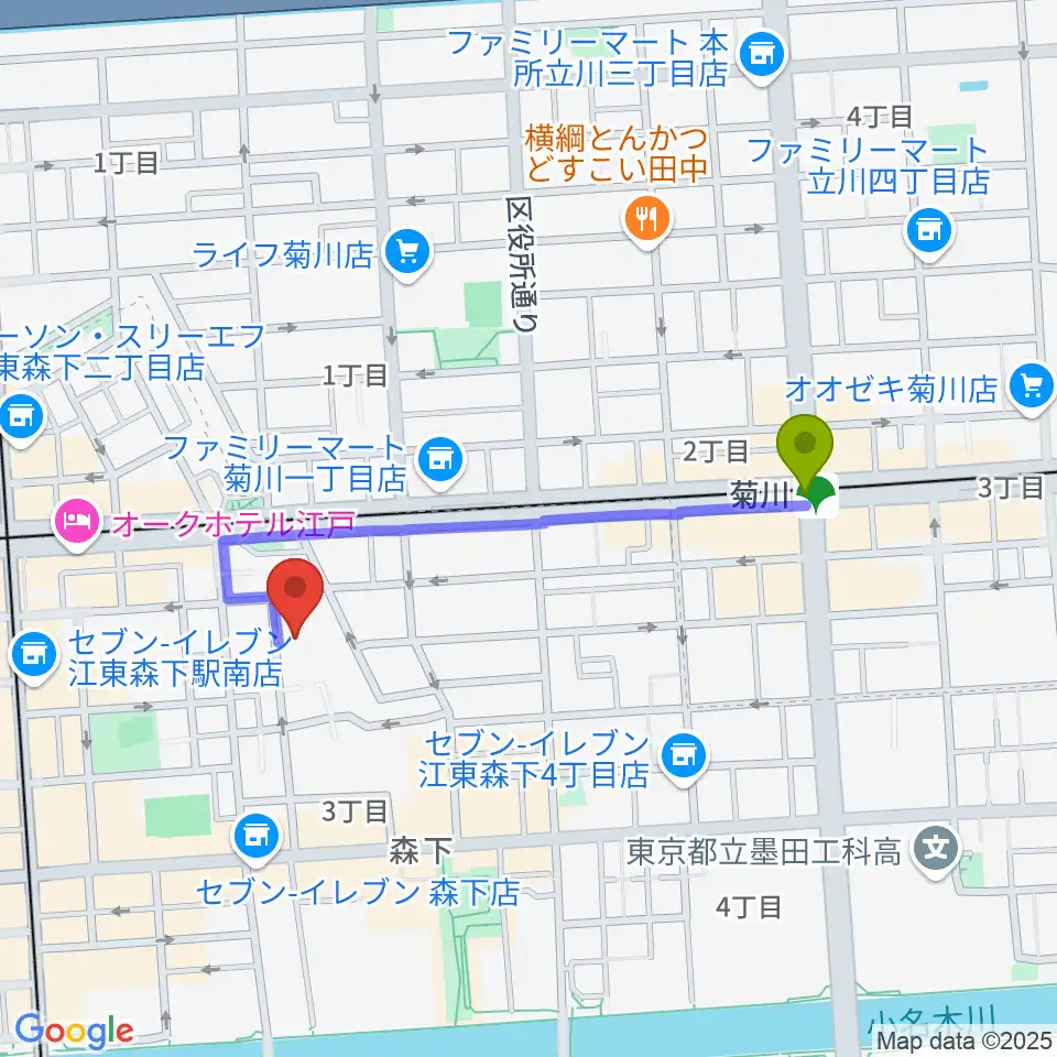 菊川駅からセゾン文化財団 森下スタジオへのルートマップ地図