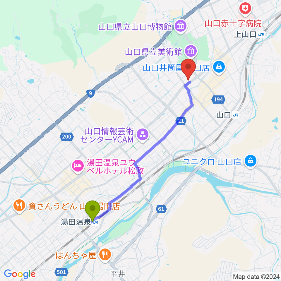 湯田温泉駅から山口市民会館へのルートマップ地図