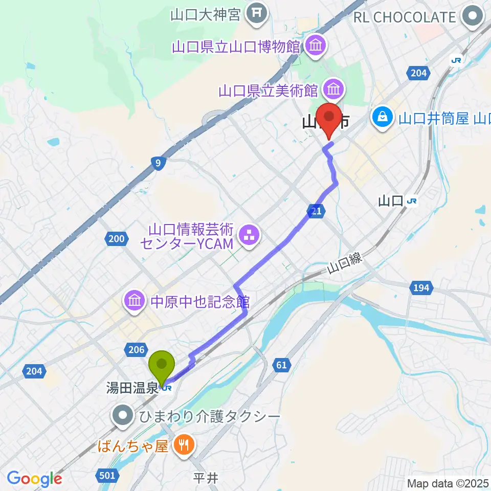 湯田温泉駅から山口市民会館へのルートマップ地図